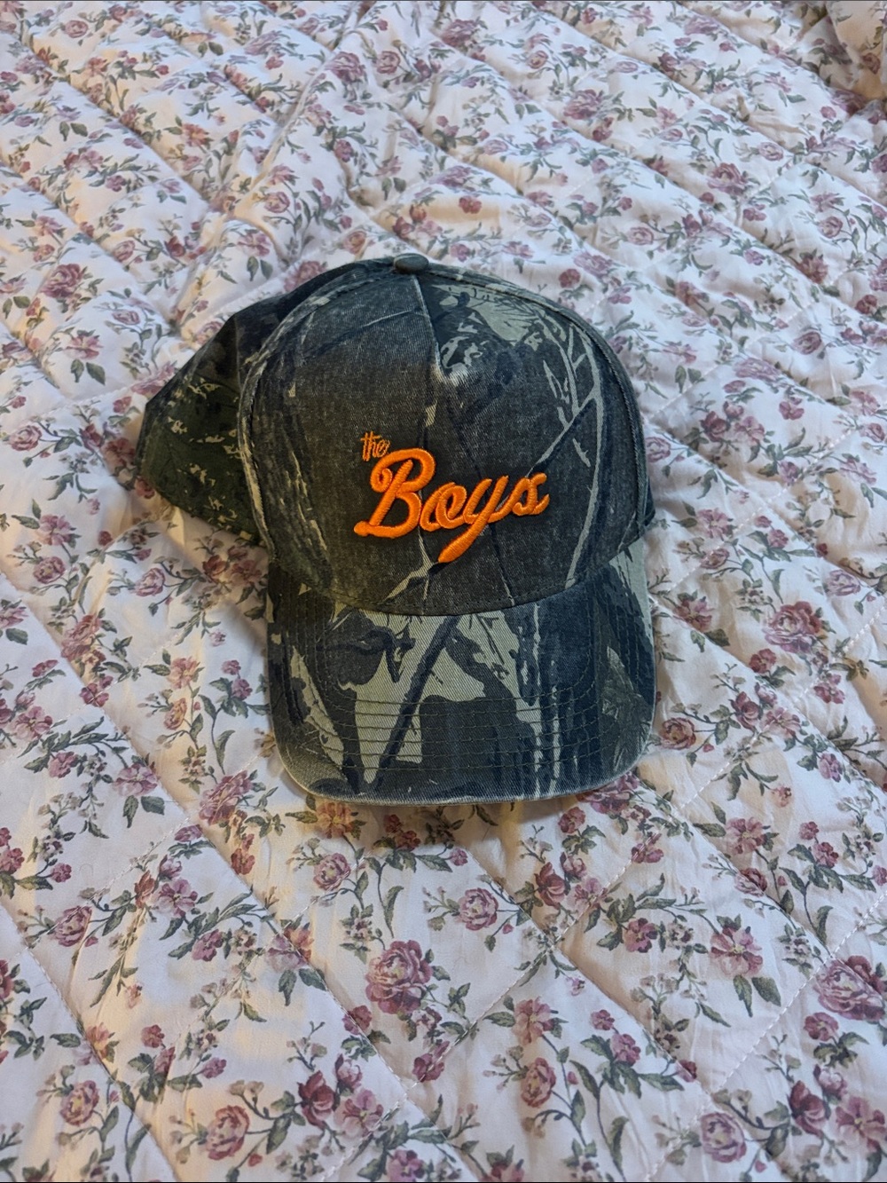 The Boys Camouflage Baseball Cap with Orange Script